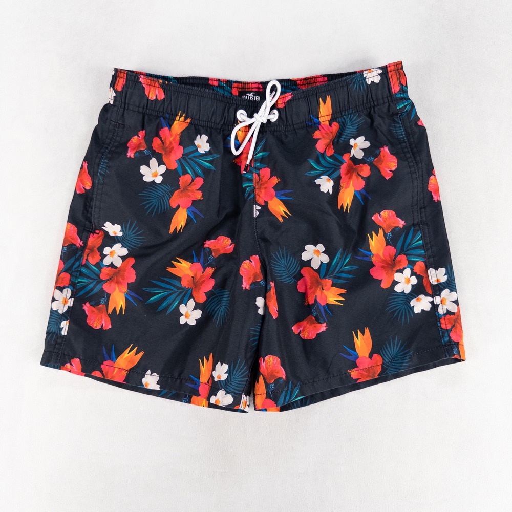 Hollister Mens Swim Trunks Size S Black Tropical Floral Hibiscus Board Shorts